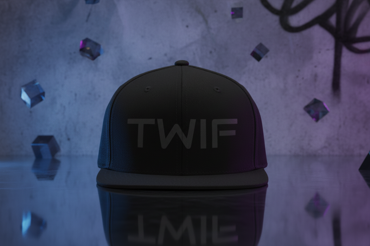Black cap with 'TWIF' logo on a white background