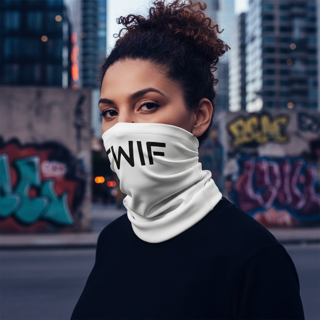 Person wearing a white neck gaiter with 'eurogirl' text on a white background