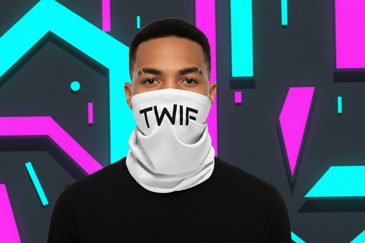 Person wearing a white neck gaiter with 'eurogirl' text on a white background