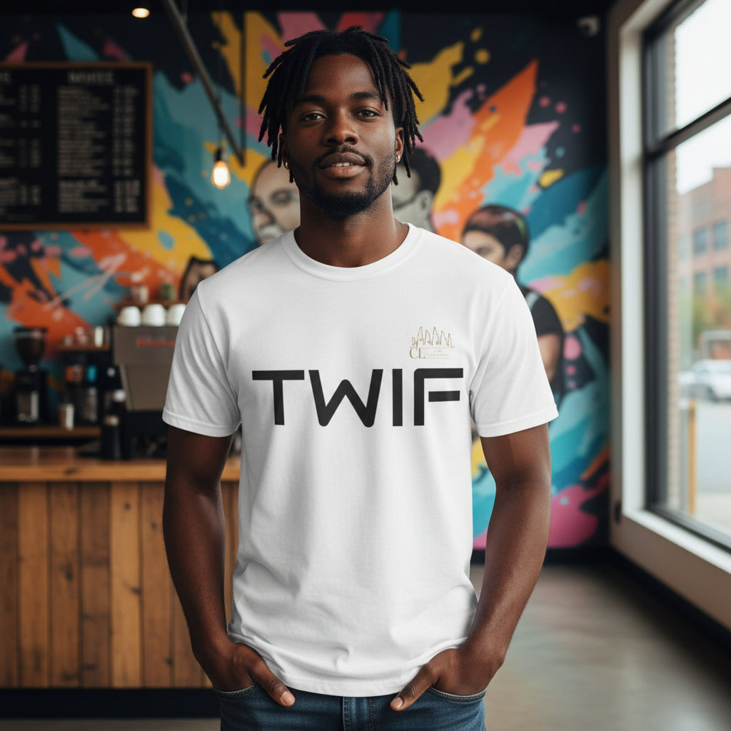 Person wearing a white t-shirt with 'TWIF' printed on it against a white background