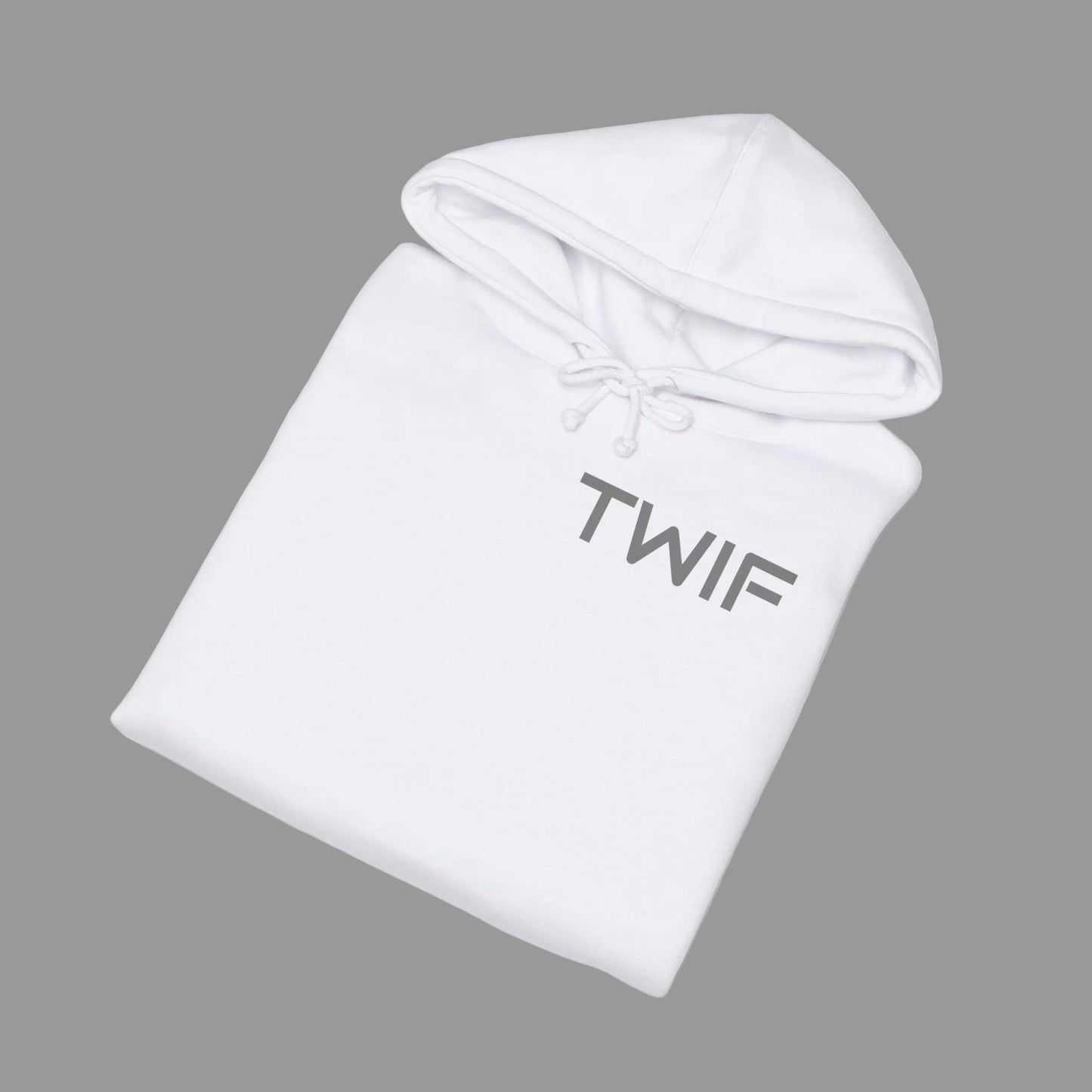 White hoodie with 'TWIF' logo on a white background