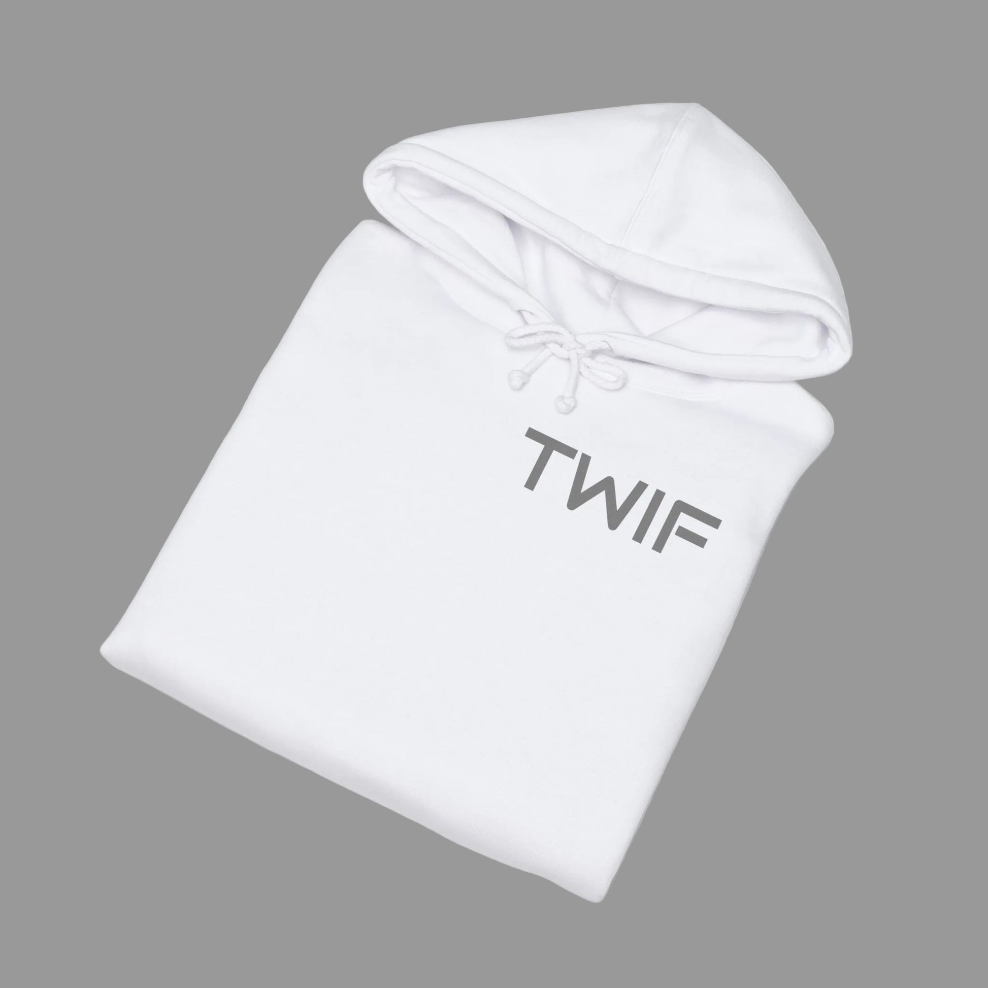 White hoodie with 'TWIF' logo on a white background