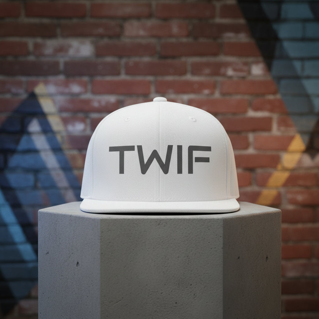 White cap with 'TWIF' logo on a white background