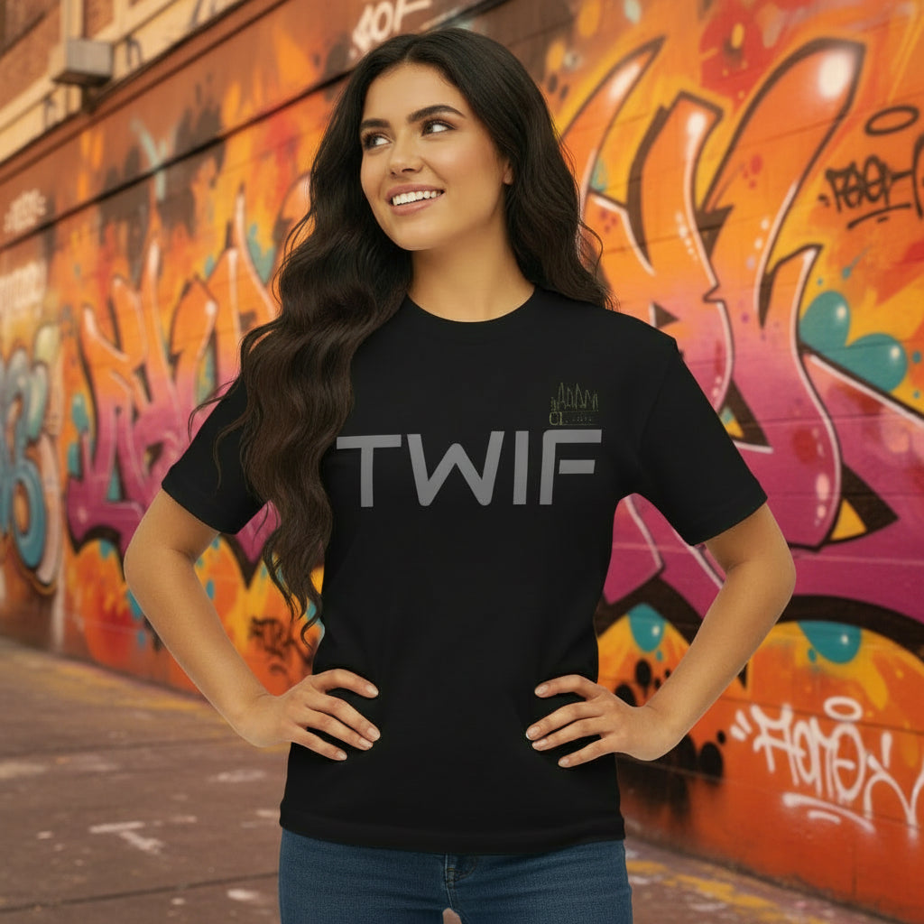 Person wearing a black t-shirt with text on a white background
