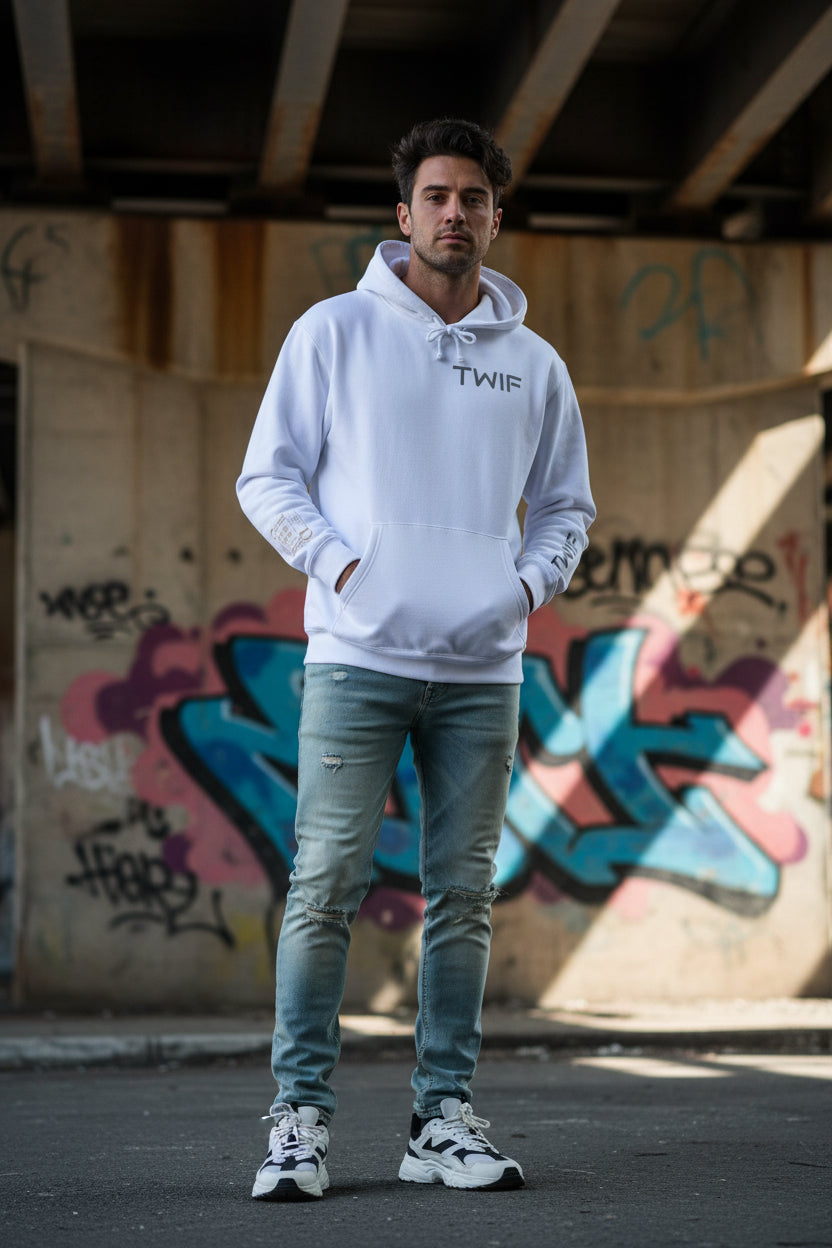 White hoodie with 'TWIF' branding on a white background