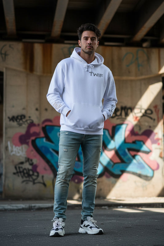 White hoodie with 'TWIF' branding on a white background