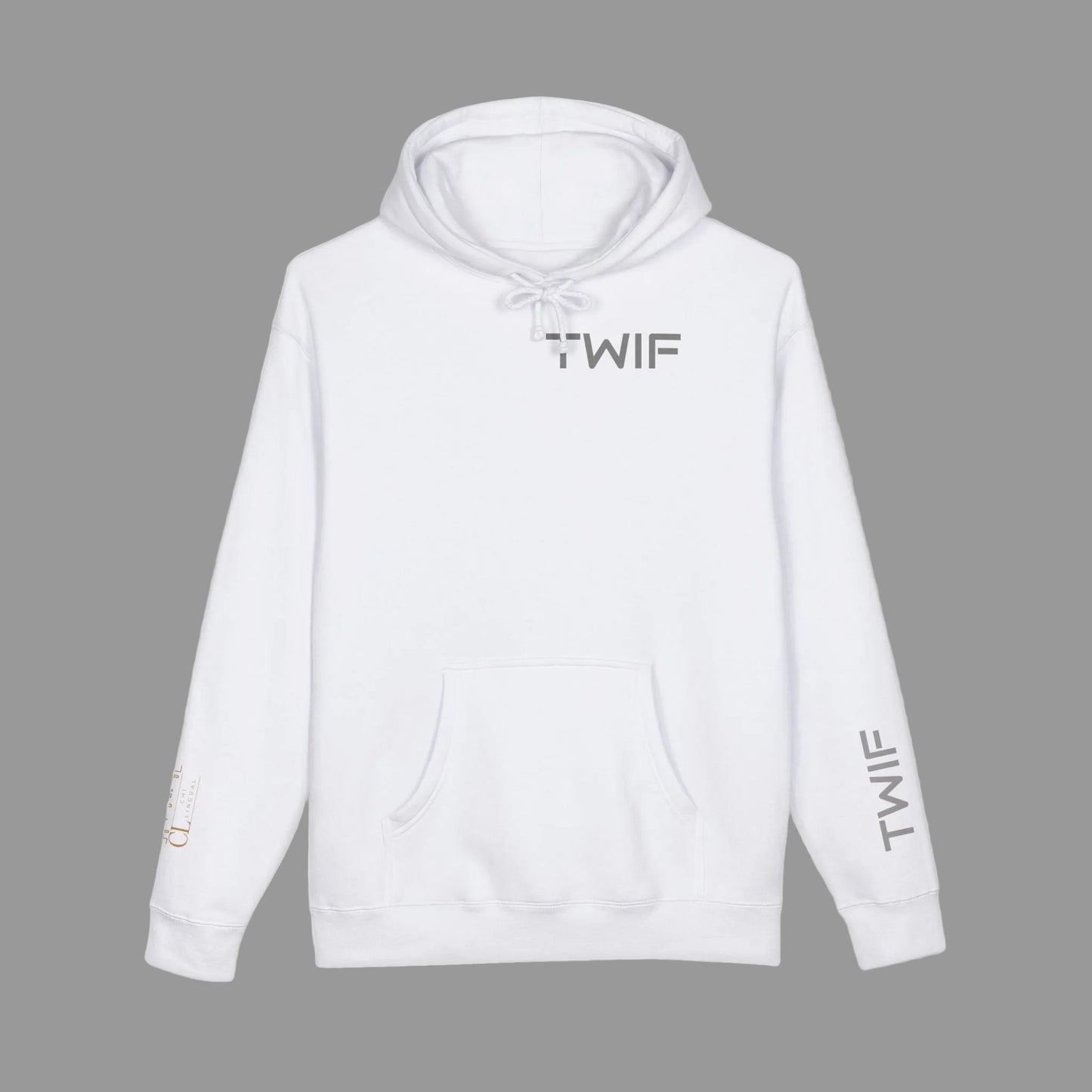 White hoodie with 'TWIF' branding on a white background