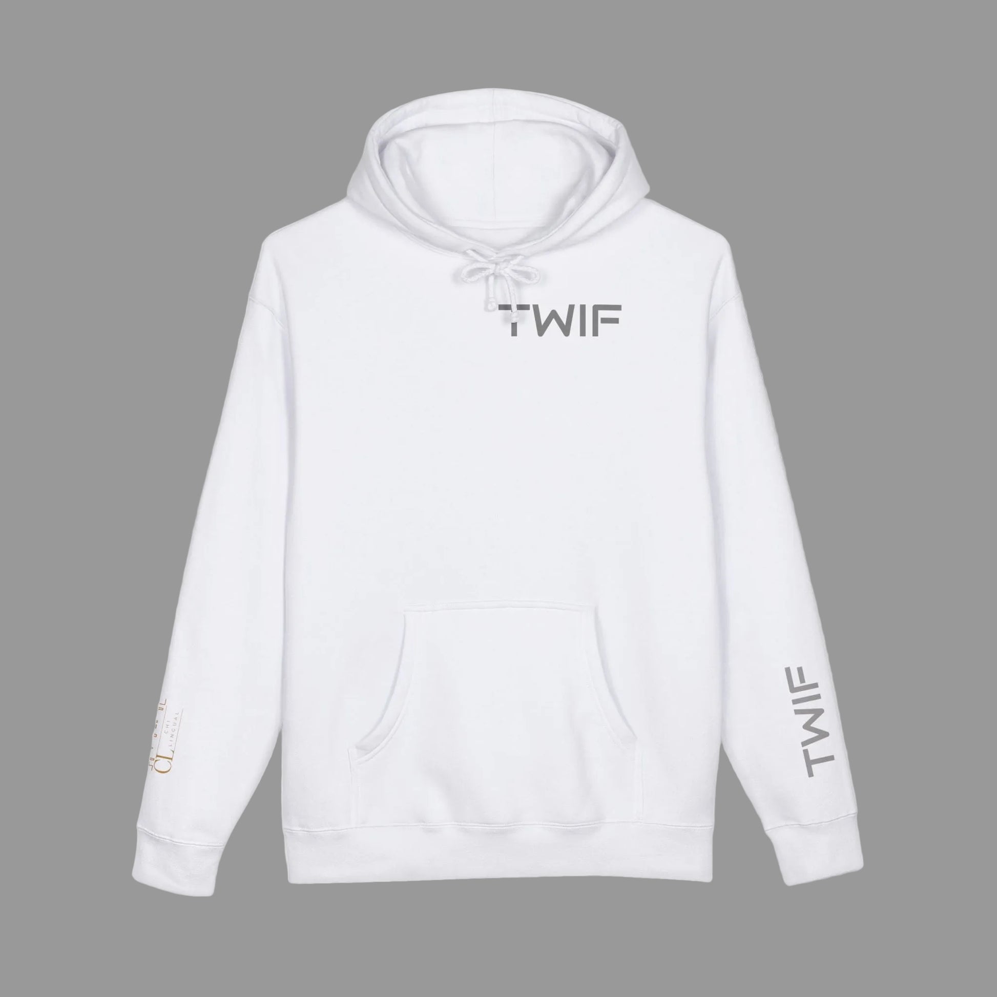 White hoodie with 'TWIF' branding on a white background