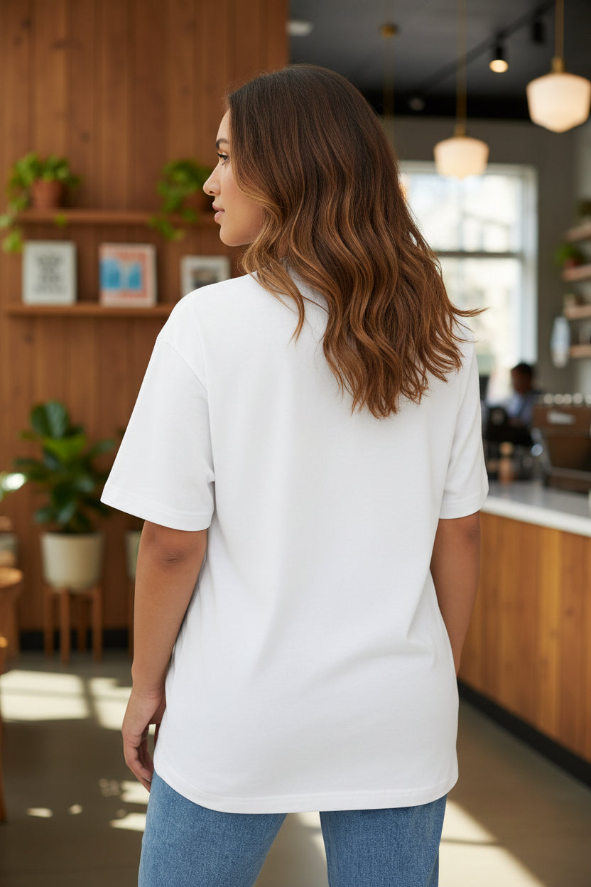 Woman wearing a white t-shirt and blue jeans on a white background