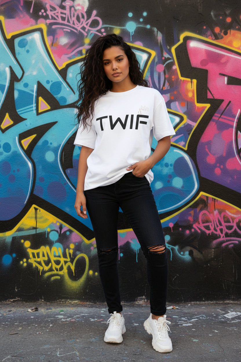 Person wearing a white t-shirt with 'TWIF' text on a white background