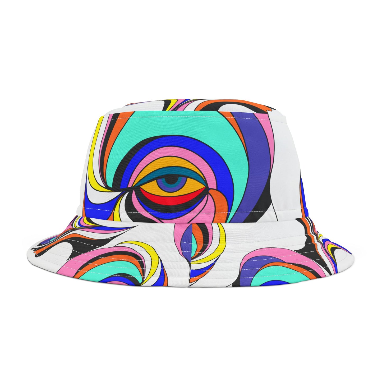 Colorful bucket hat with a swirling pattern on a white background