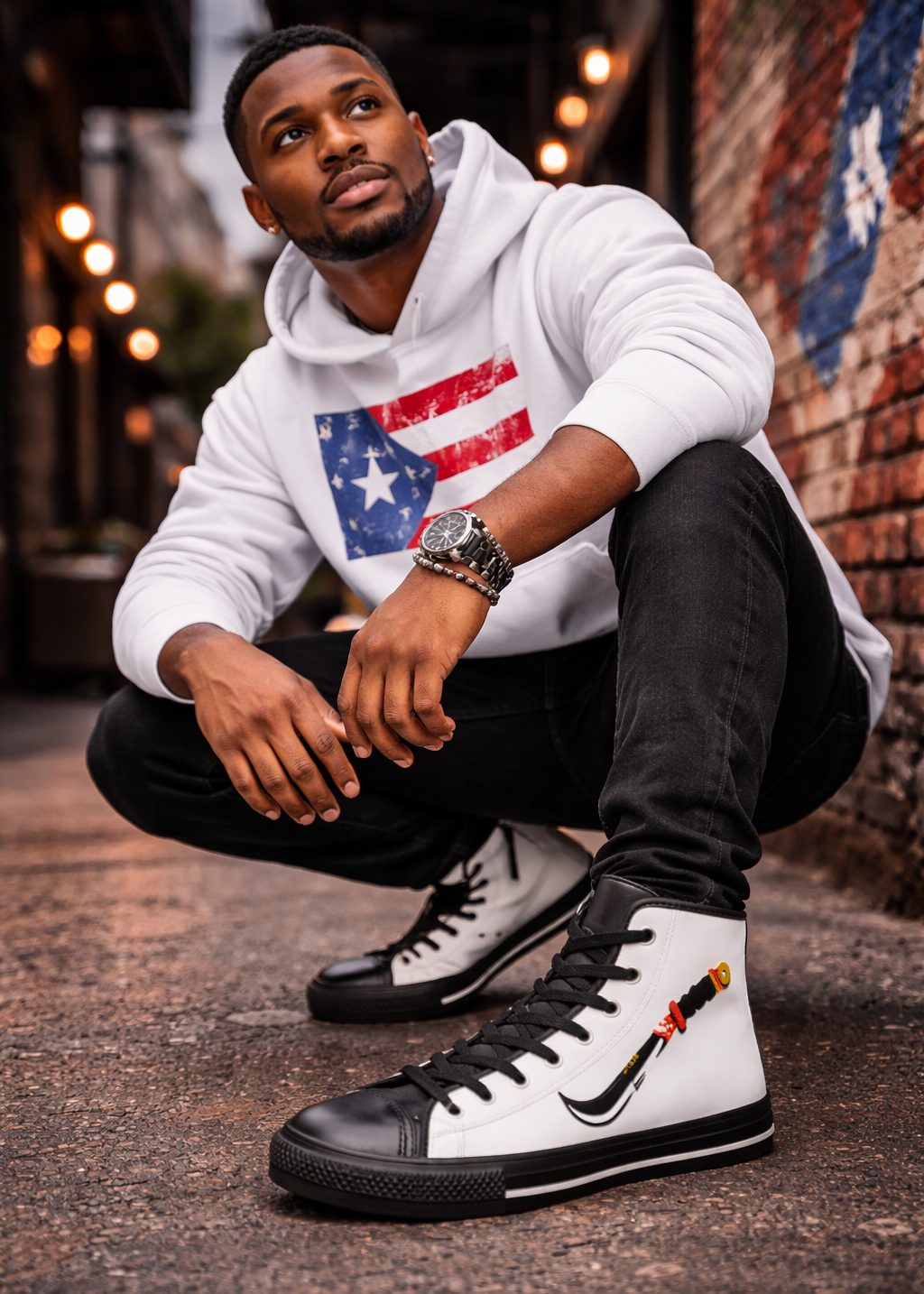 Man wearing a white hoodie with an American flag design and black and white sneakers, sitting on a street.