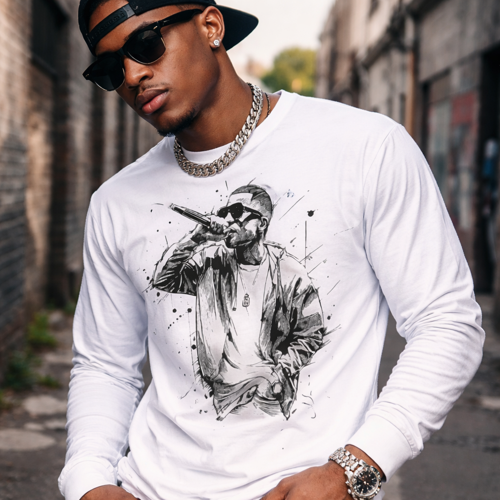 Mic Check Long Sleeve – Black Ink Rapper Sketch Graphic Tee