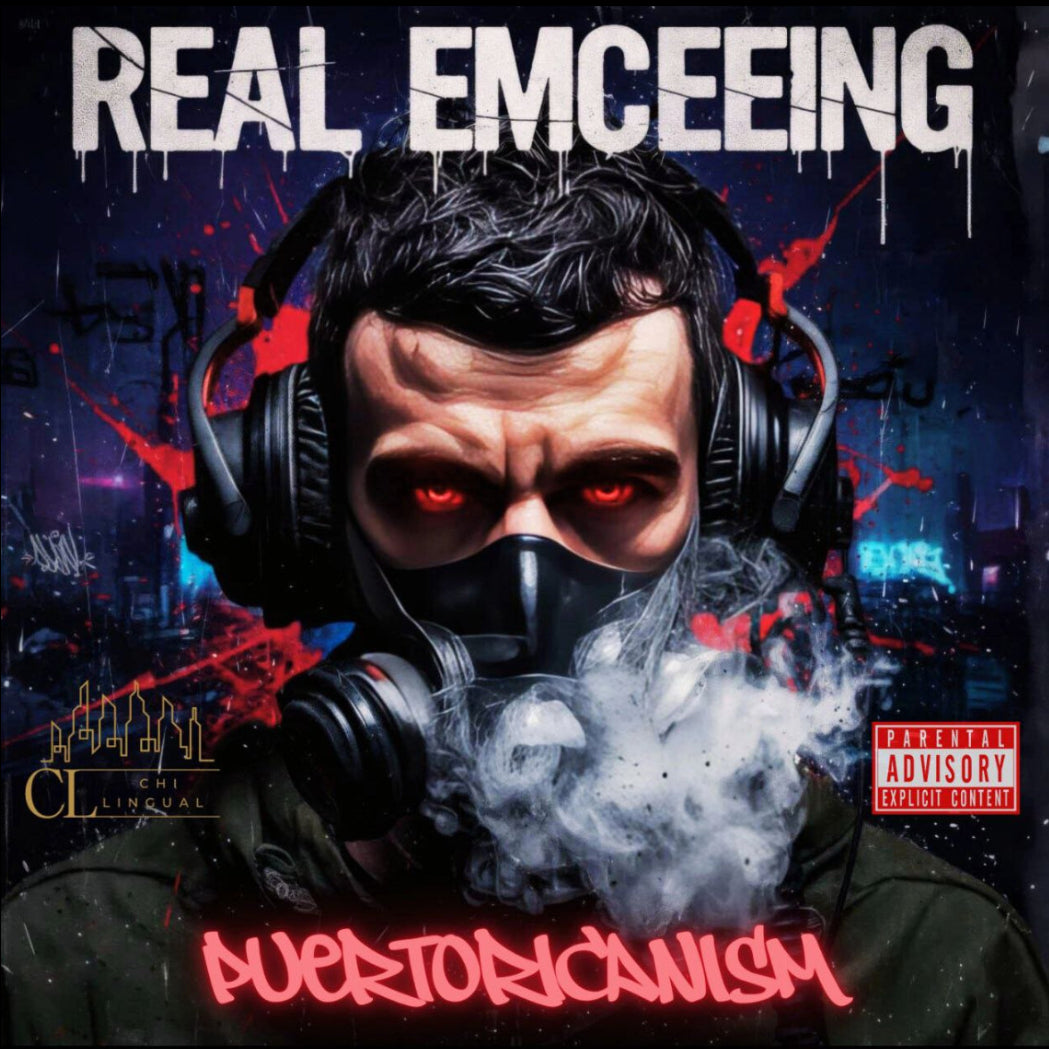 Album cover with a person wearing headphones and a gas mask, with text 'Real Emceeing' and 'Puertoricanism'.