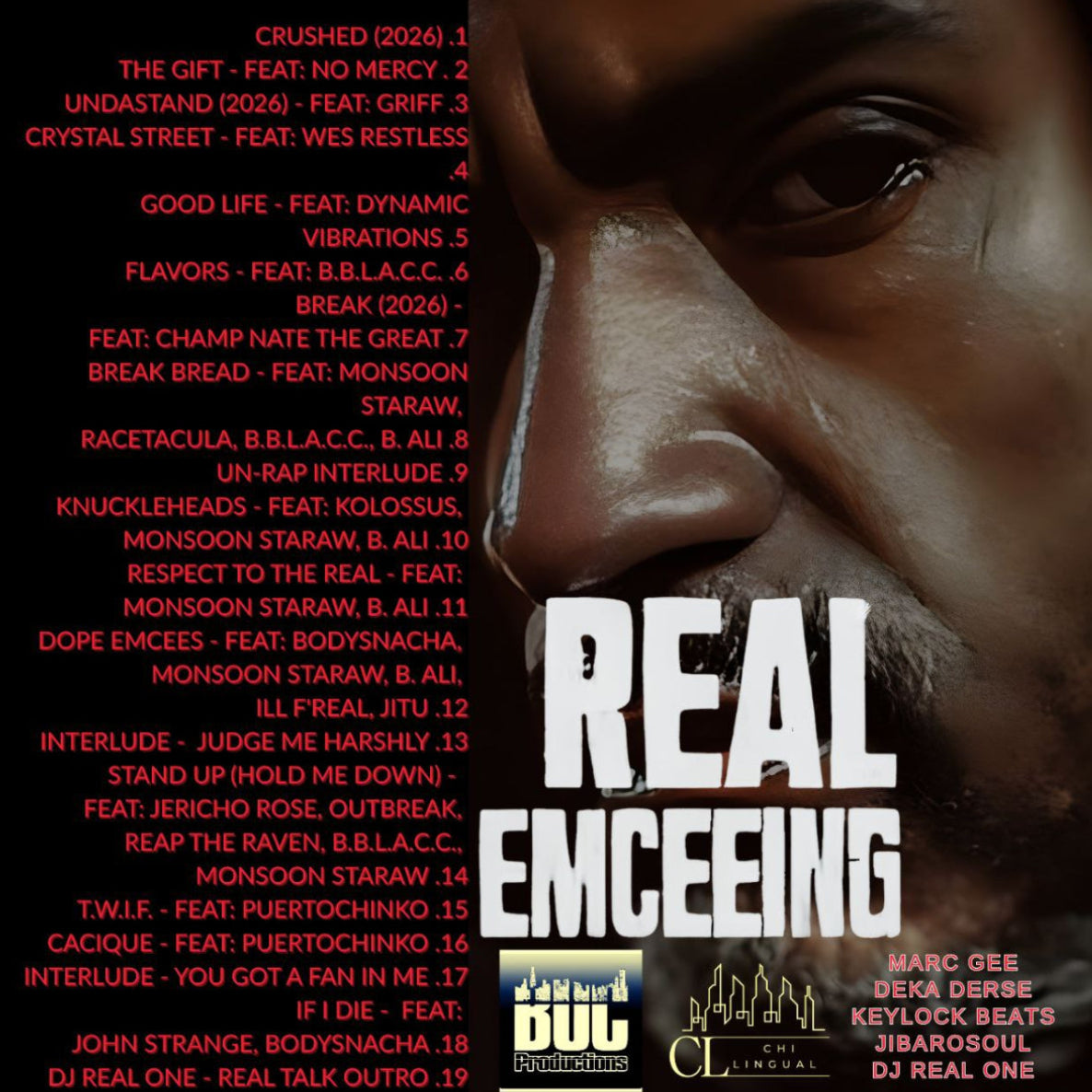 Album cover with a close-up of a person's face, tracklist, and production credits on a dark background.